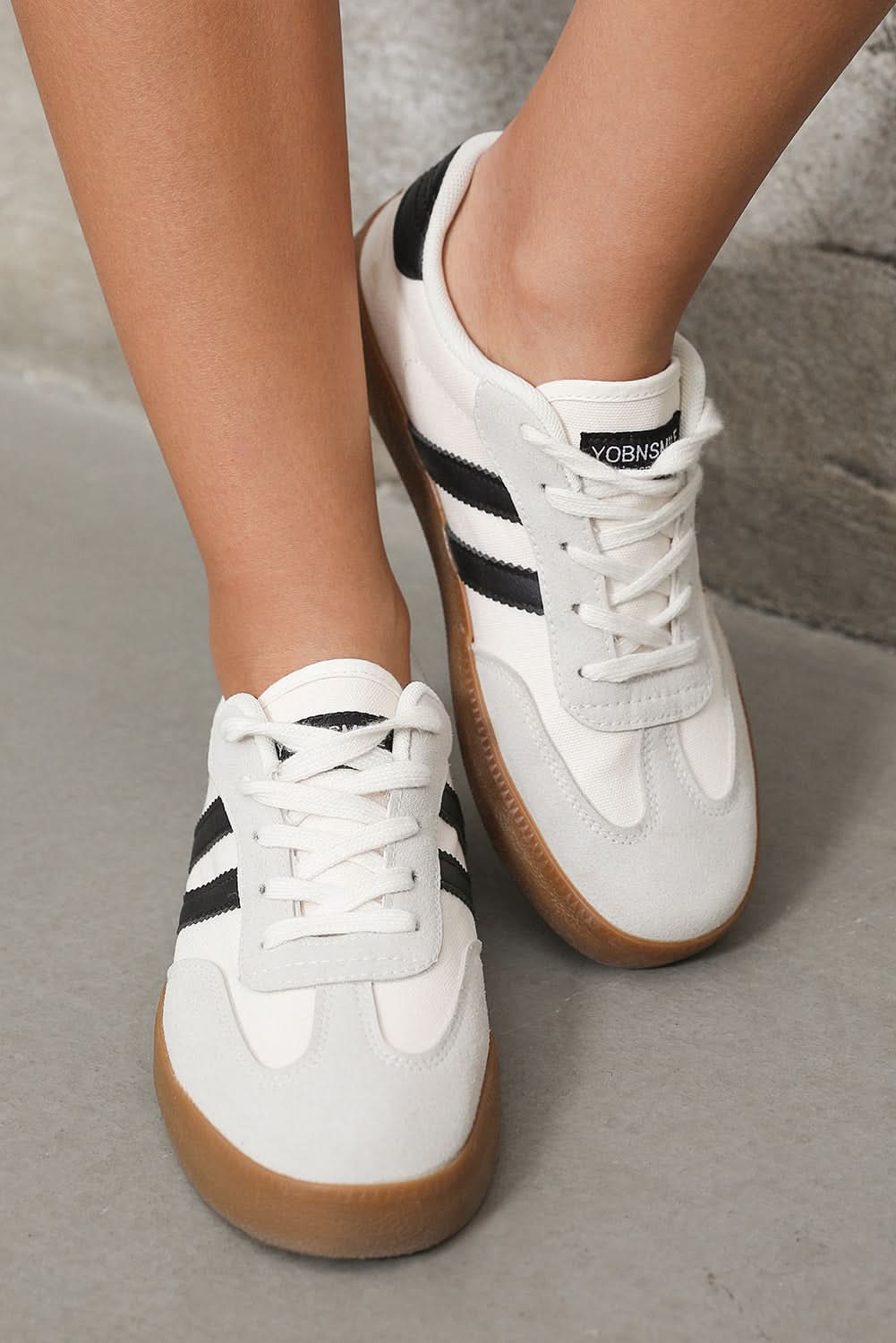 White Striped Lace Up Flat Sneakers For Everyday Comfort