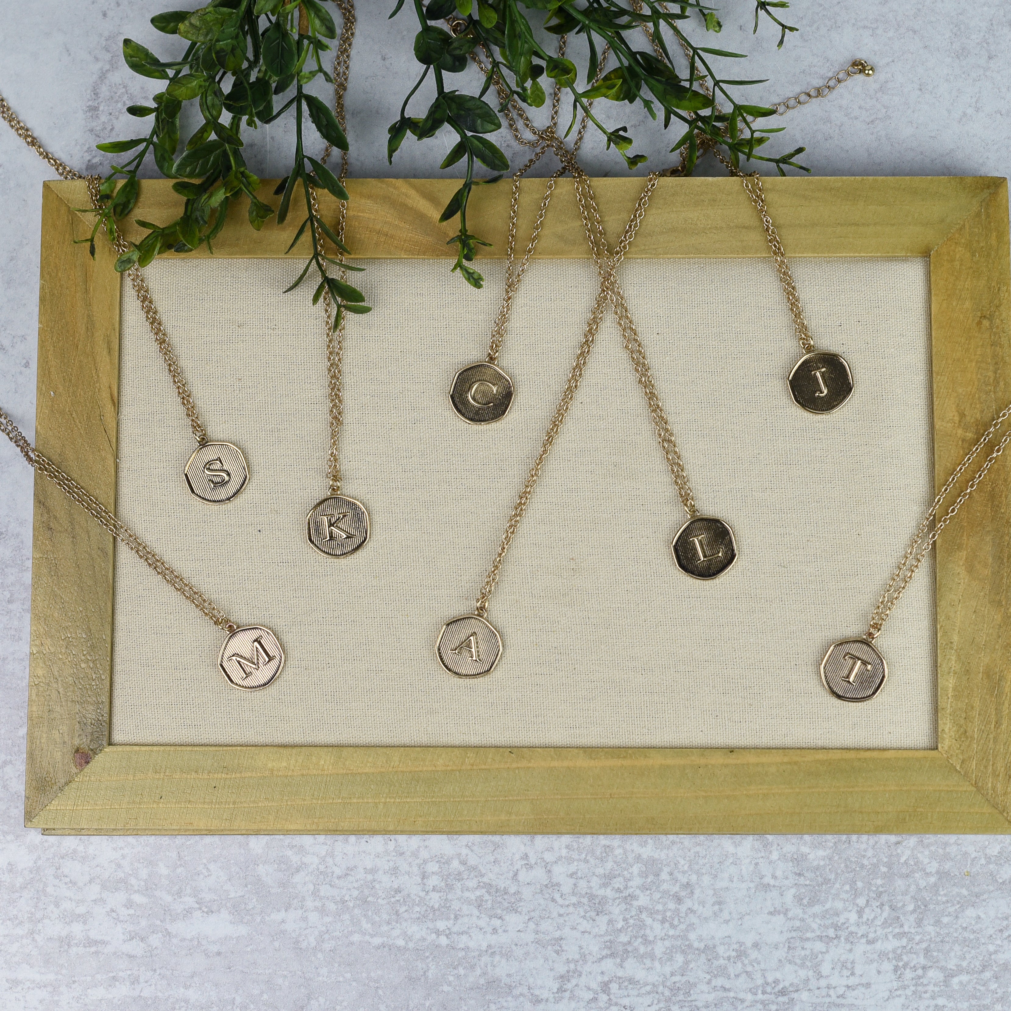 Medallion Coin Letter Necklaces in Antiqued Gold