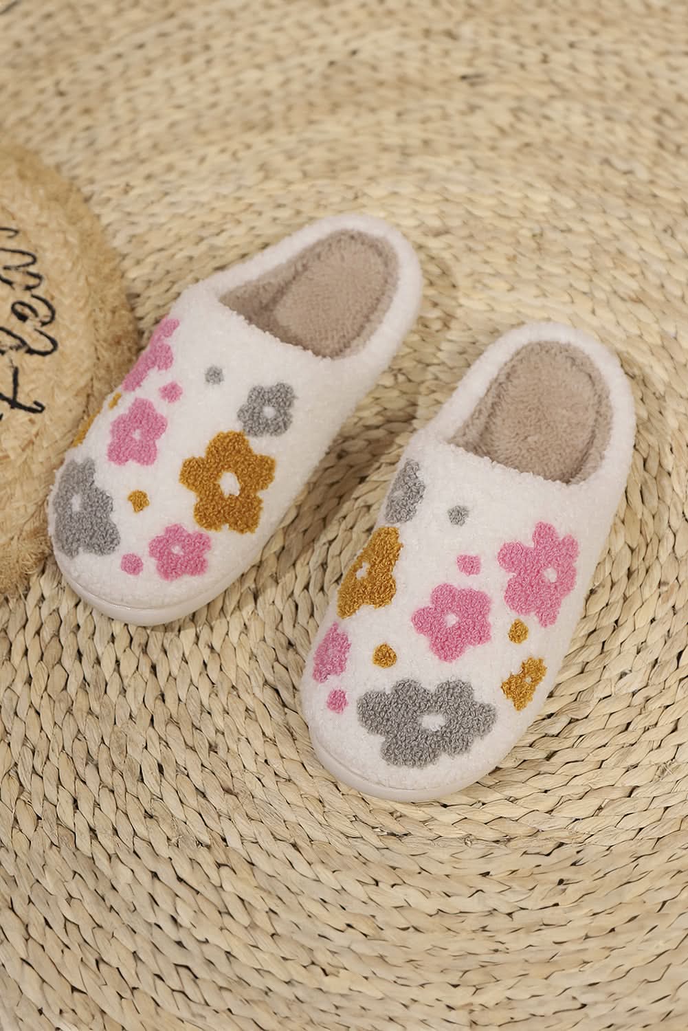 White Floral Fuzzy Winter Slippers With Cloudlike Comfort