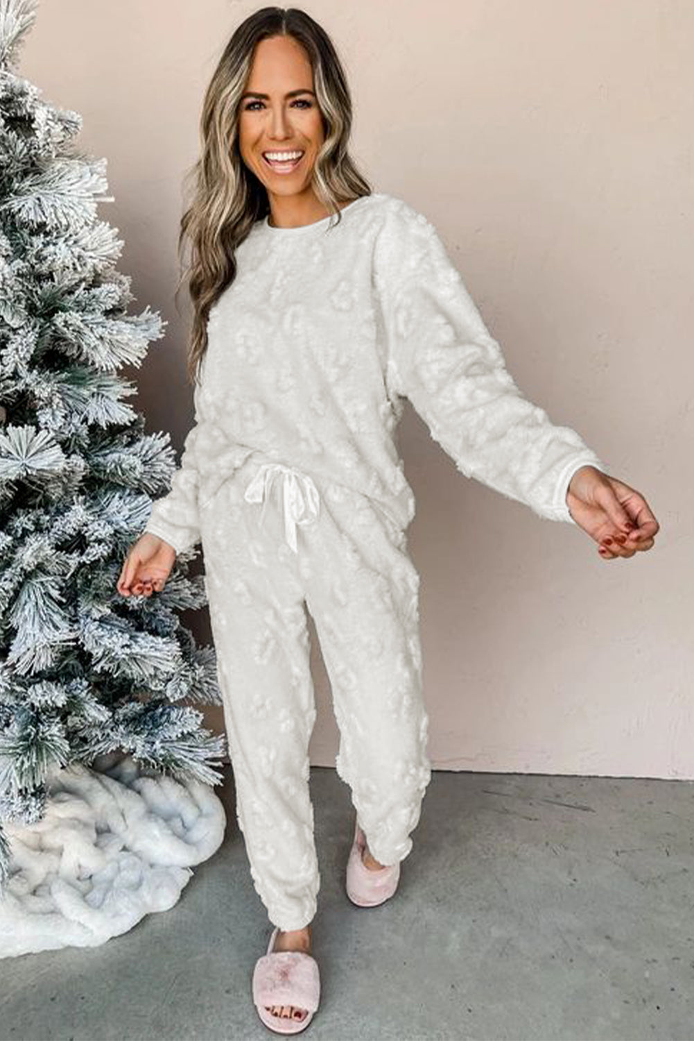 Light Grey Leopard Textured Loose Fit Fleece Loungewear Two-Piece