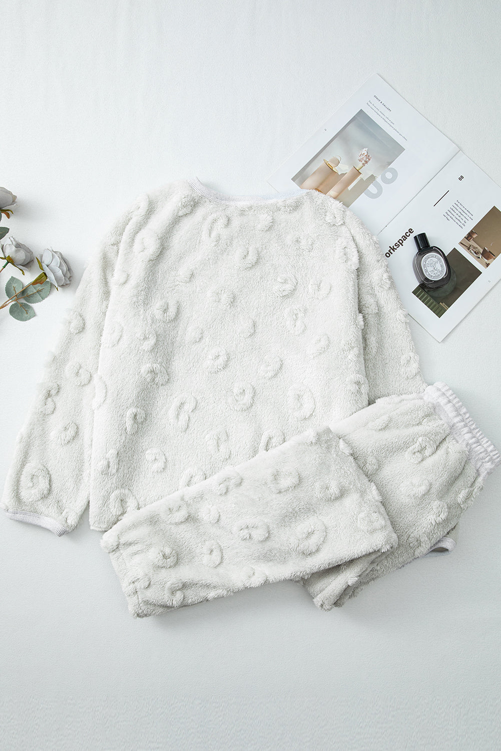Light Grey Leopard Textured Loose Fit Fleece Loungewear Two-Piece