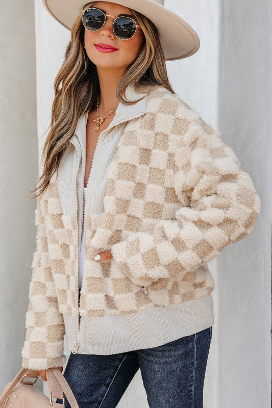 Checker Sherpa Corduroy Patchwork Zip-Up Jacket