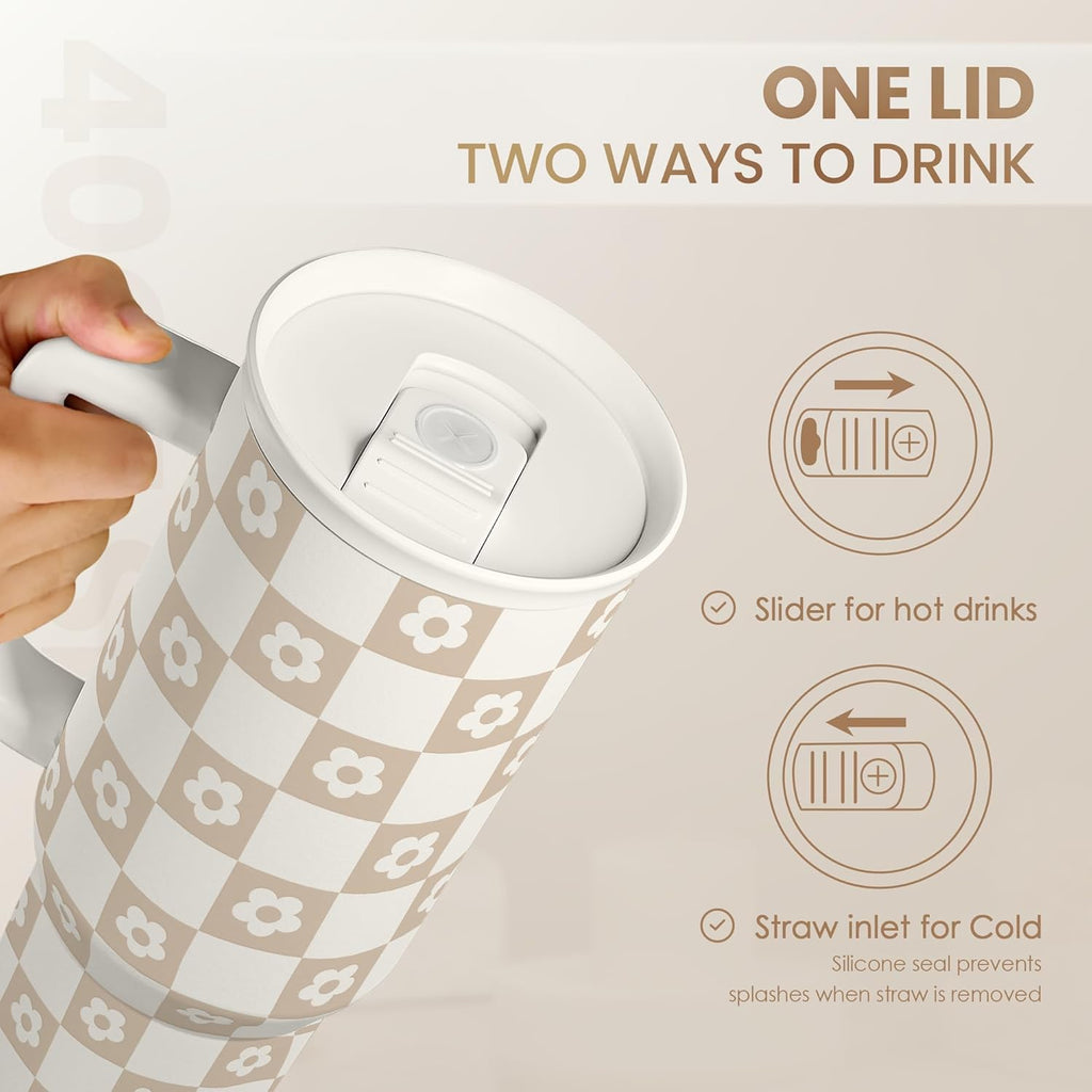 Checker Tumbler with Handle and Straw 40oz – Stainless Sleel Slider Tumbler Travel Coffee Mug for Women - Gift Idea for Birthday Christmas