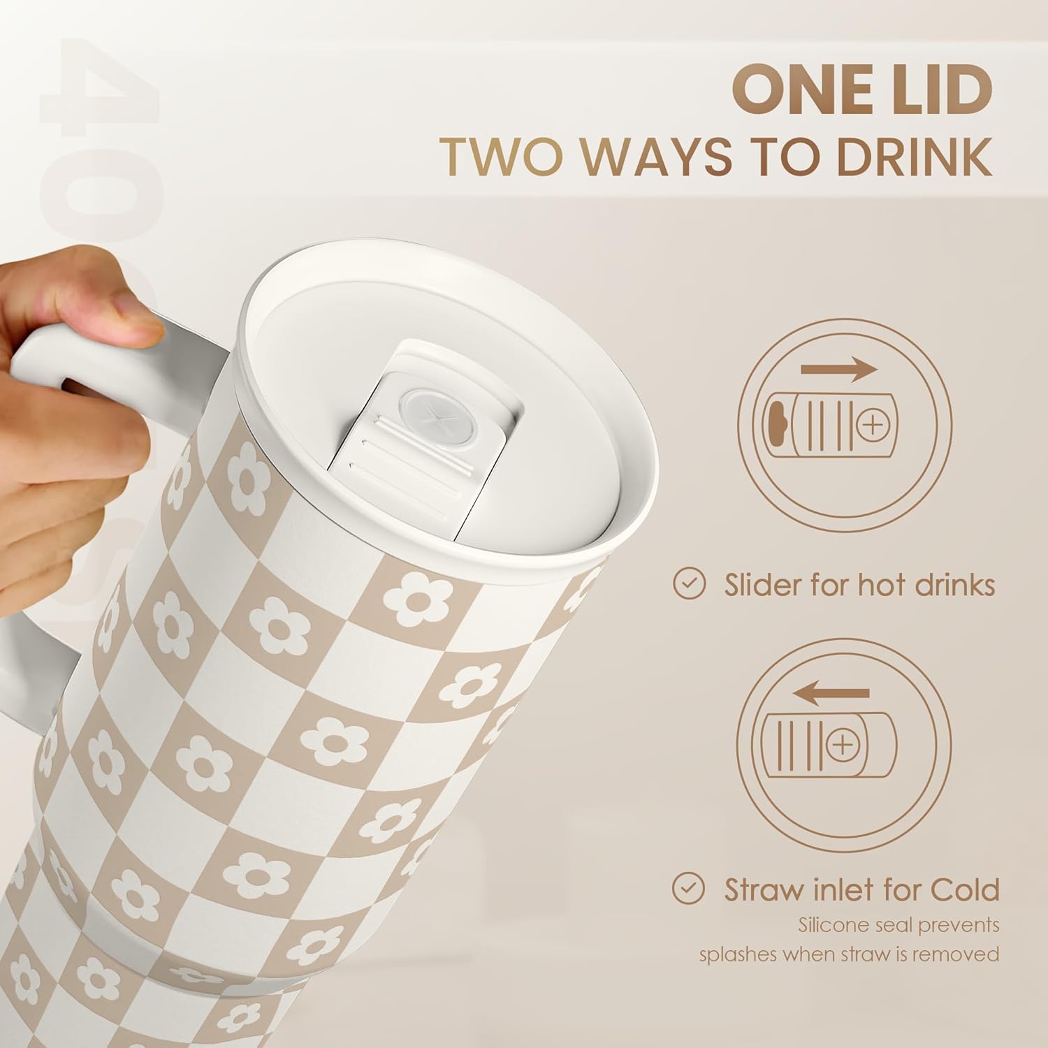 Checker Tumbler with Handle and Straw 40oz – Stainless Sleel Slider Tumbler Travel Coffee Mug for Women - Gift Idea for Birthday Christmas