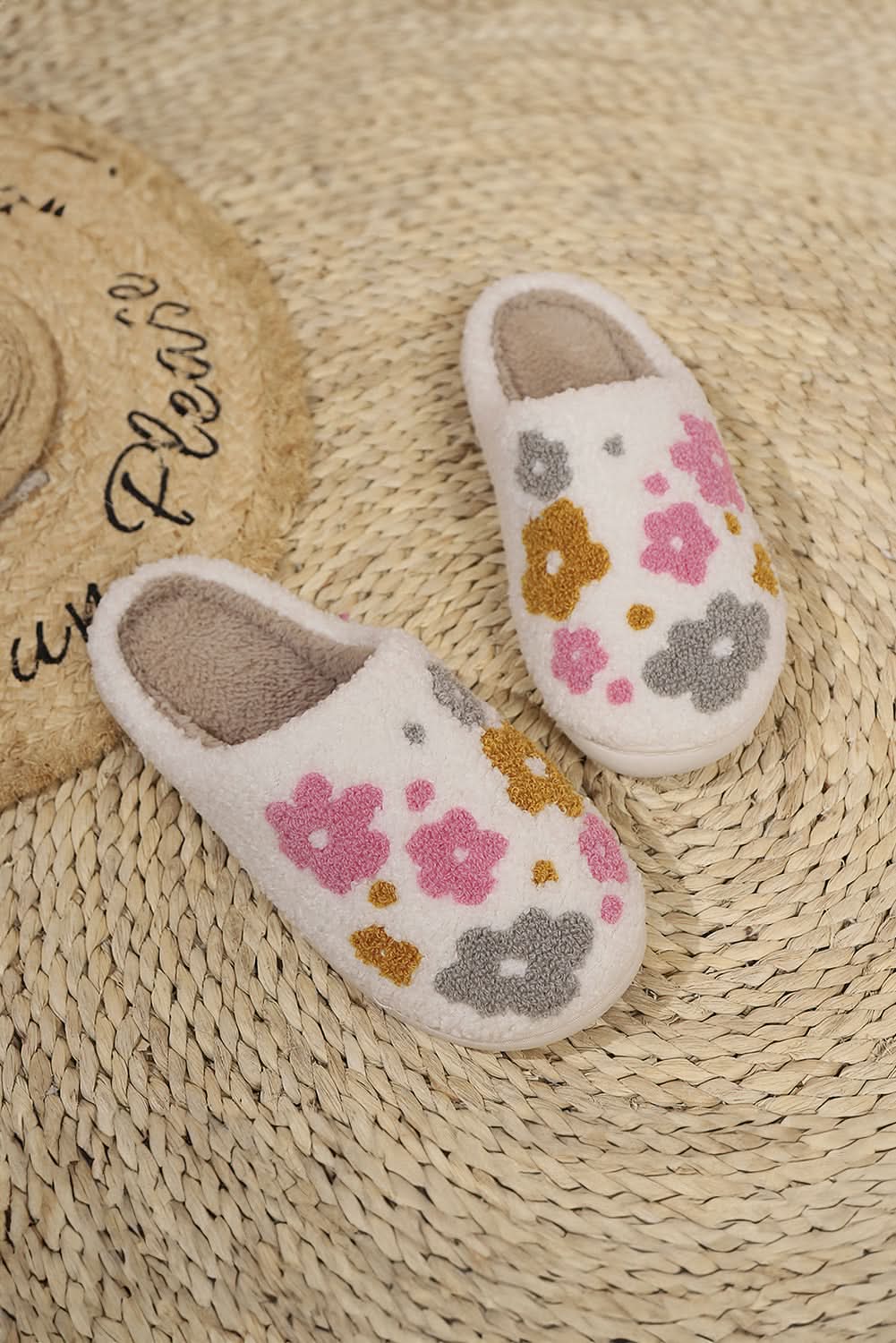 White Floral Fuzzy Winter Slippers With Cloudlike Comfort
