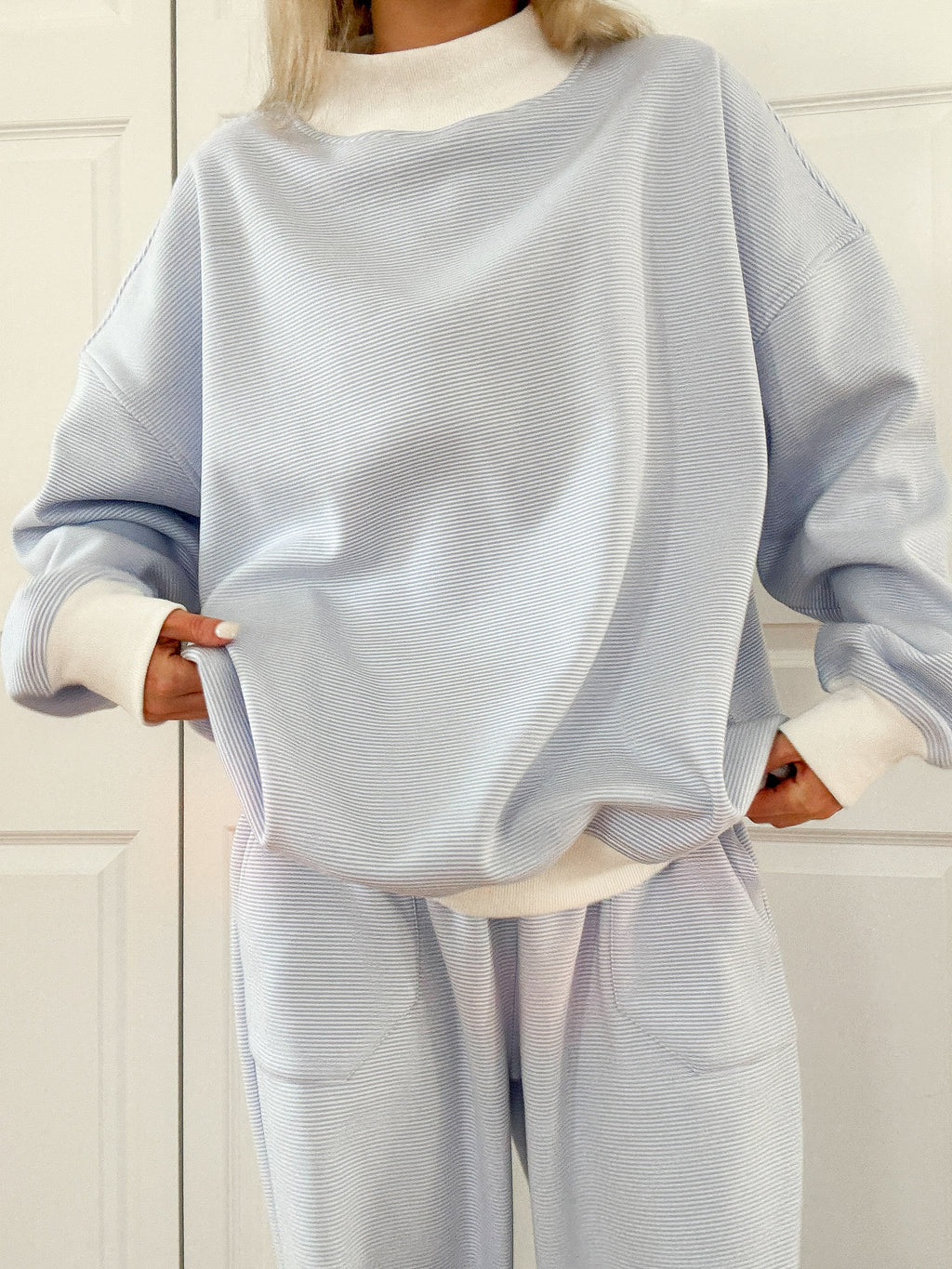 Blue and White Mini Striped Mockneck Sweatshirt