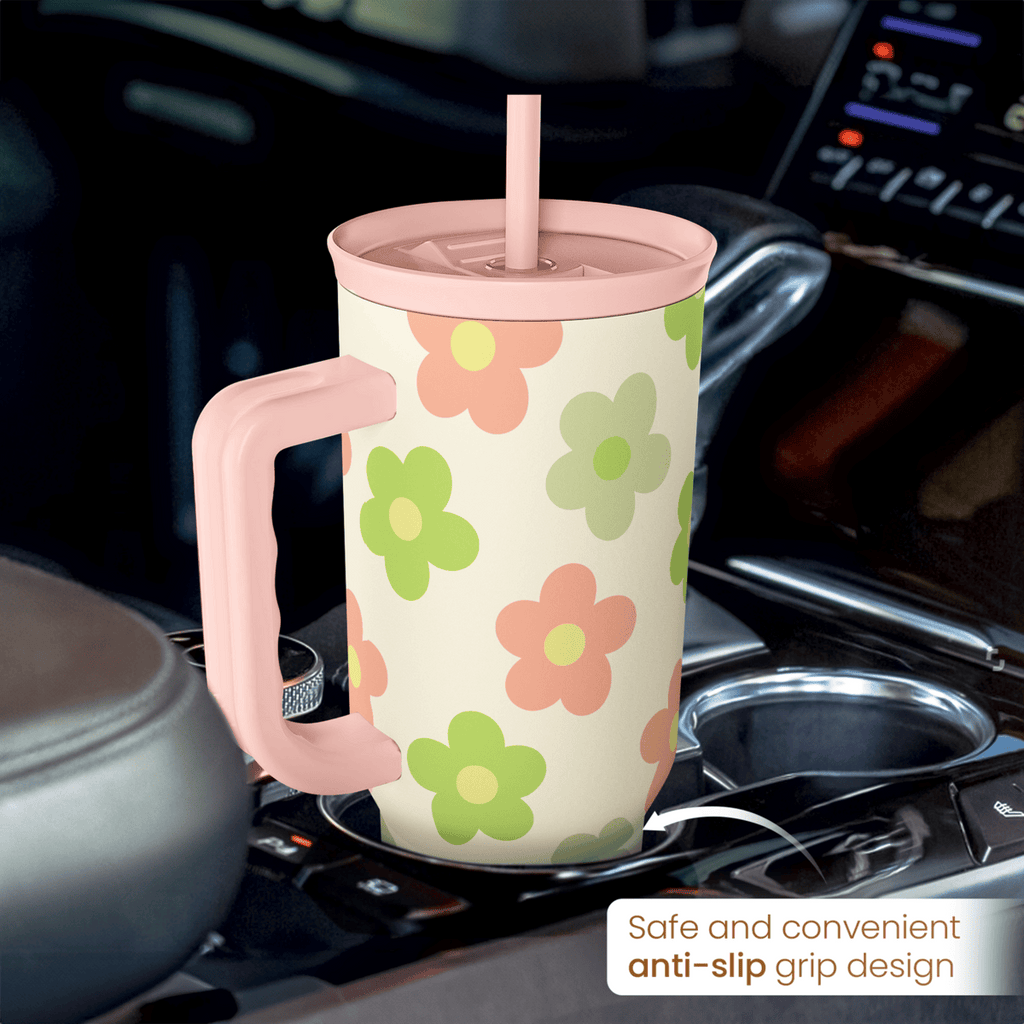 Daisy Tumbler with Handle 40oz, Floral Cup Stainless Steel Insulated Tumblers Coffee Travel Mug with Straw, Flower Cups Gifts for Women Girls Teens Birthday Christmas