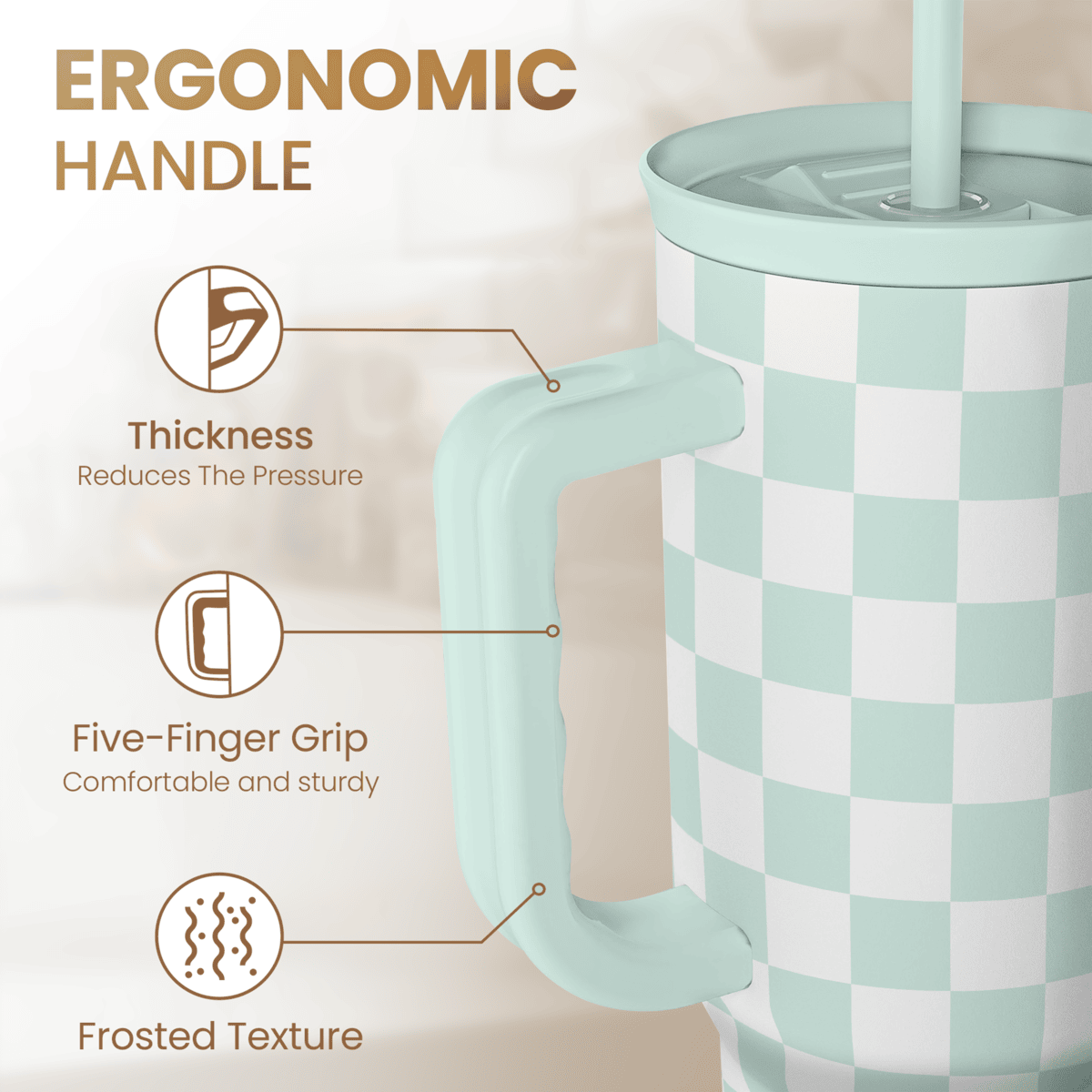 Checkered Tumbler with Handle 40oz, Mint Checker Cup Stainless Steel Insulated Tumblers Coffee Travel Mug Cups with Straw, Gifts for Women Girls Teen Birthday Christmas