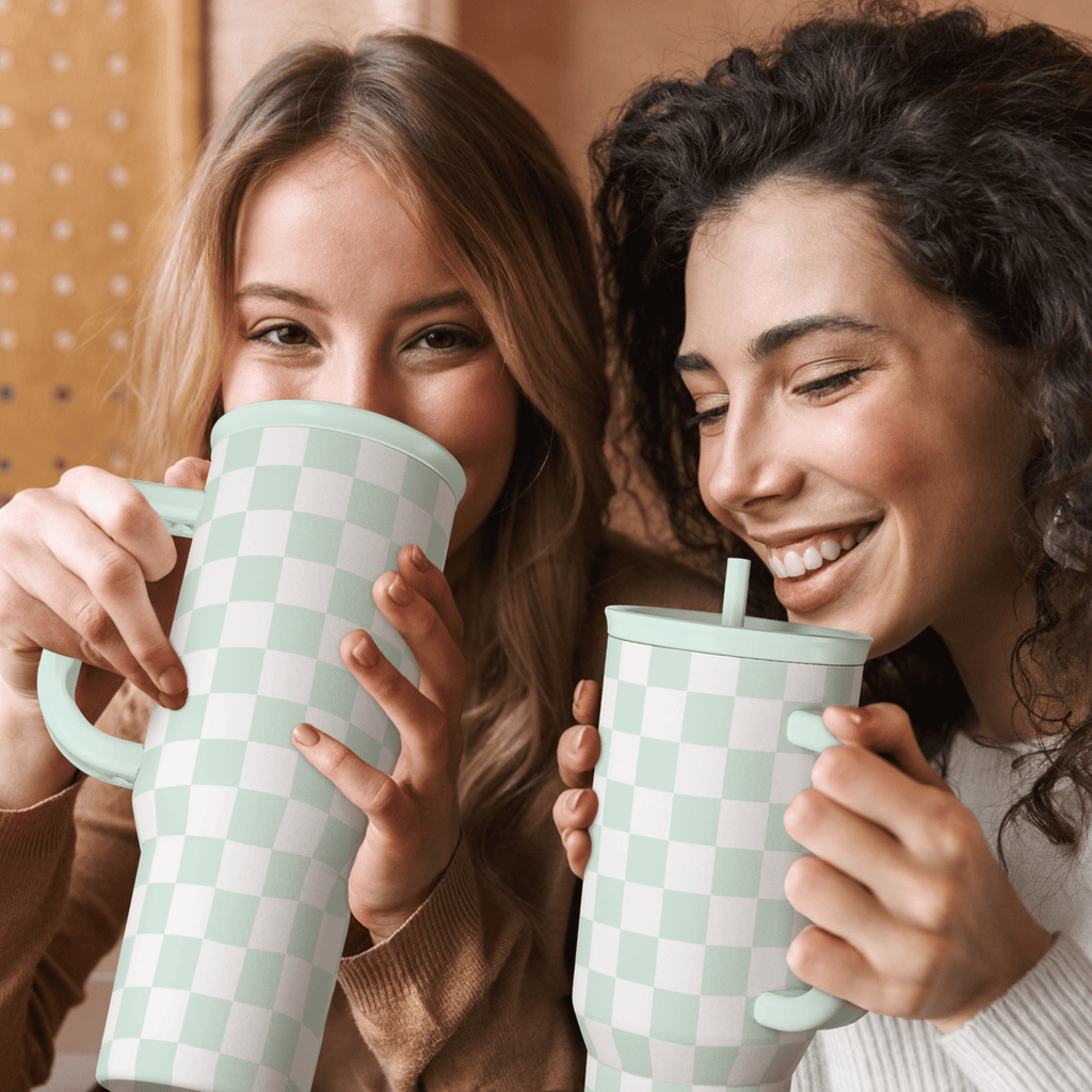 Checkered Tumbler with Handle 40oz, Mint Checker Cup Stainless Steel Insulated Tumblers Coffee Travel Mug Cups with Straw, Gifts for Women Girls Teen Birthday Christmas