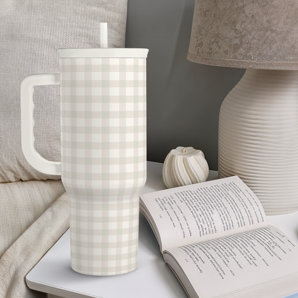 Grey Gingham 40oz Slider Tumbler with Handle and Straw - Insulated Stainless Steel Travel Coffee Mug for Women Girls, Gift for Birthday, Christmas