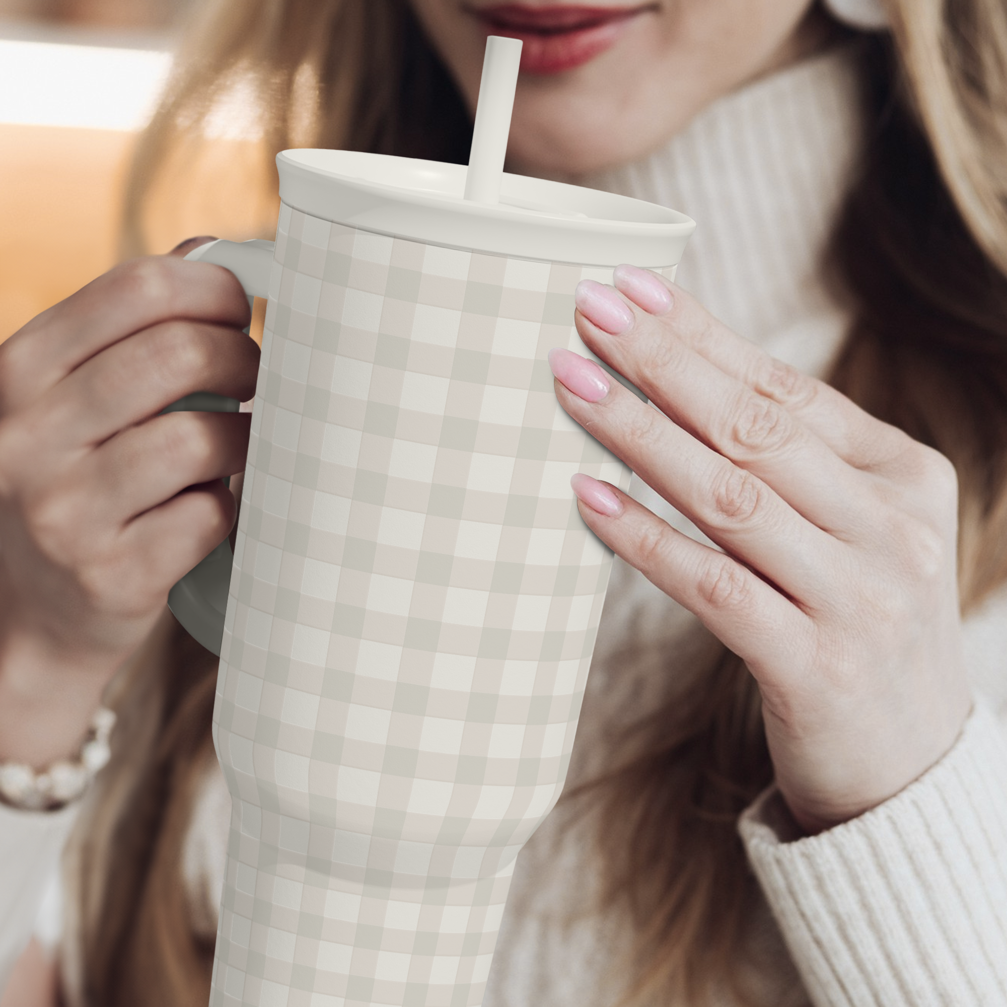 Grey Gingham 40oz Slider Tumbler with Handle and Straw - Insulated Stainless Steel Travel Coffee Mug for Women Girls, Gift for Birthday, Christmas