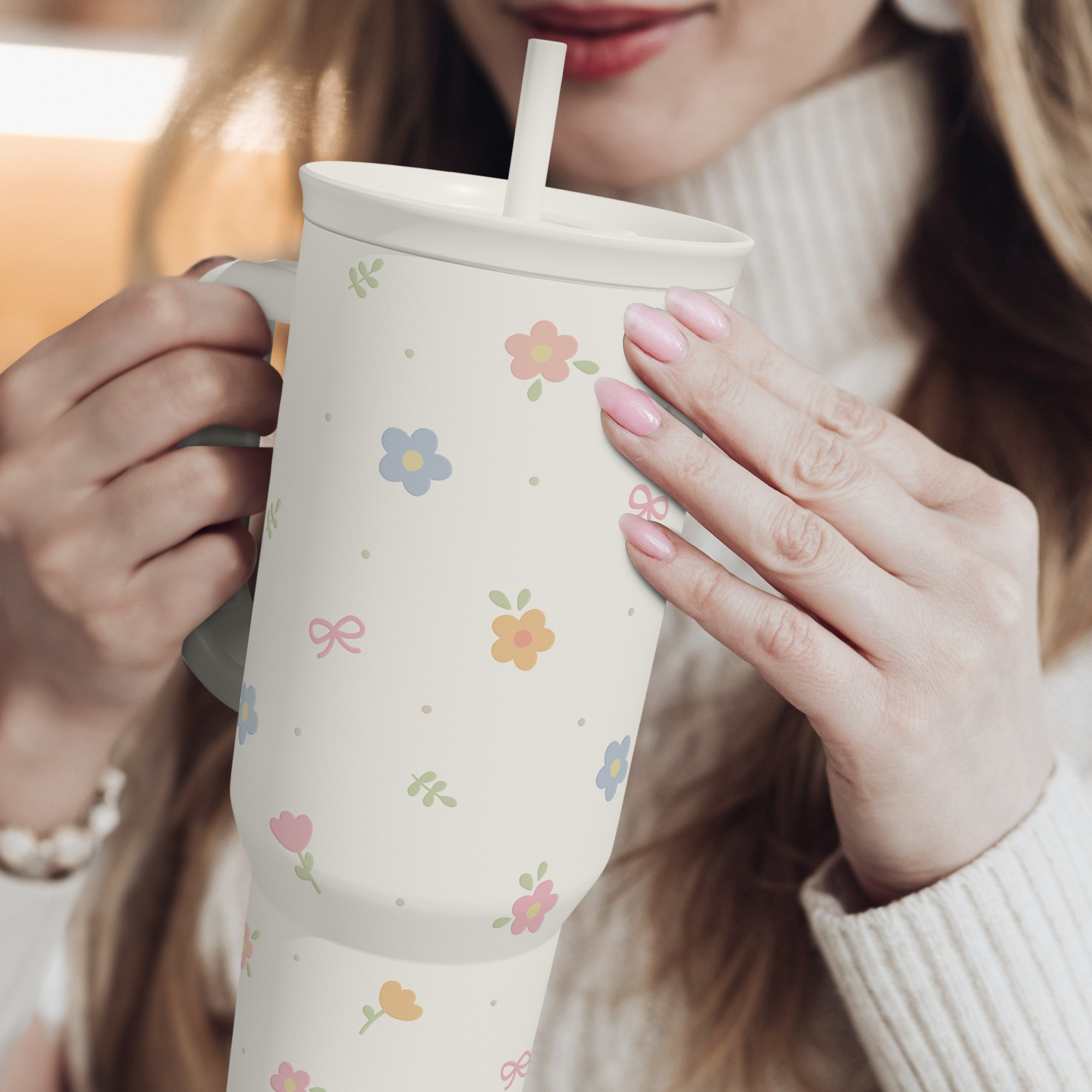Floral 40oz Slider Tumbler with Handle and Straw - Insulated Stainless Steel Travel Coffee Mug for Women Girls, Gift for Birthday Christmas