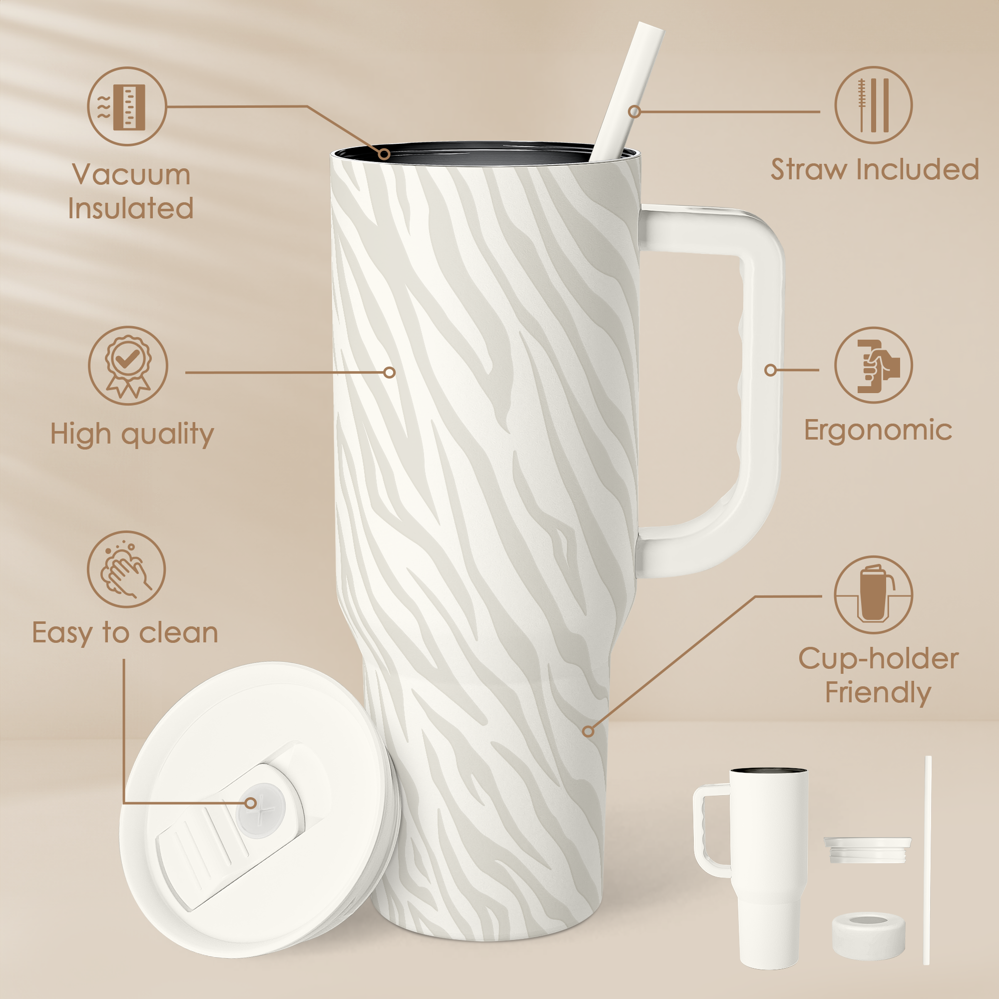 Zebra Skin 40oz Slider Tumbler with Handle and Straw - Insulated Stainless Steel Travel Coffee Mug for Women Girls, Gift for Birthday, Christmas