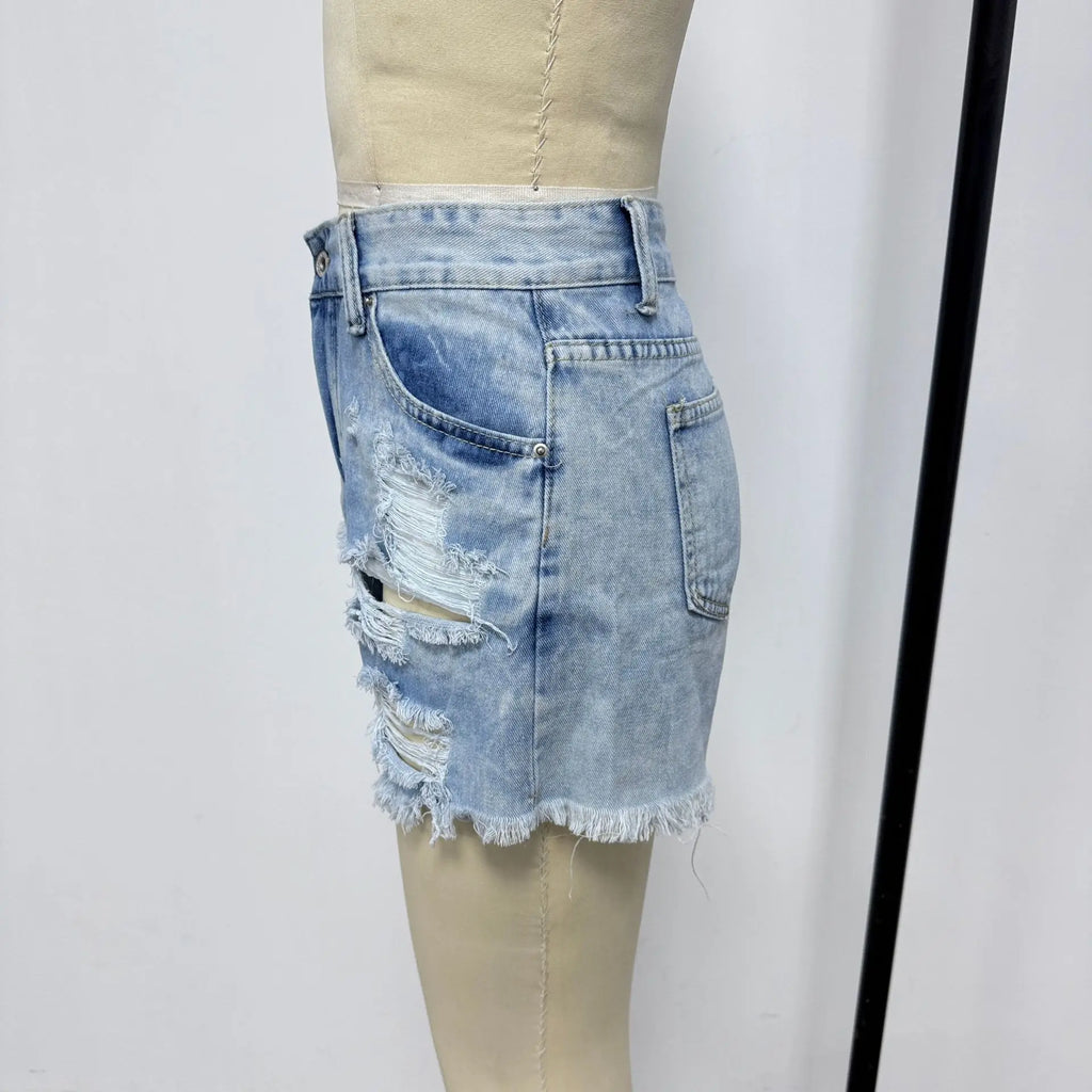 Ripped High-Waist Denim Shorts with Pockets