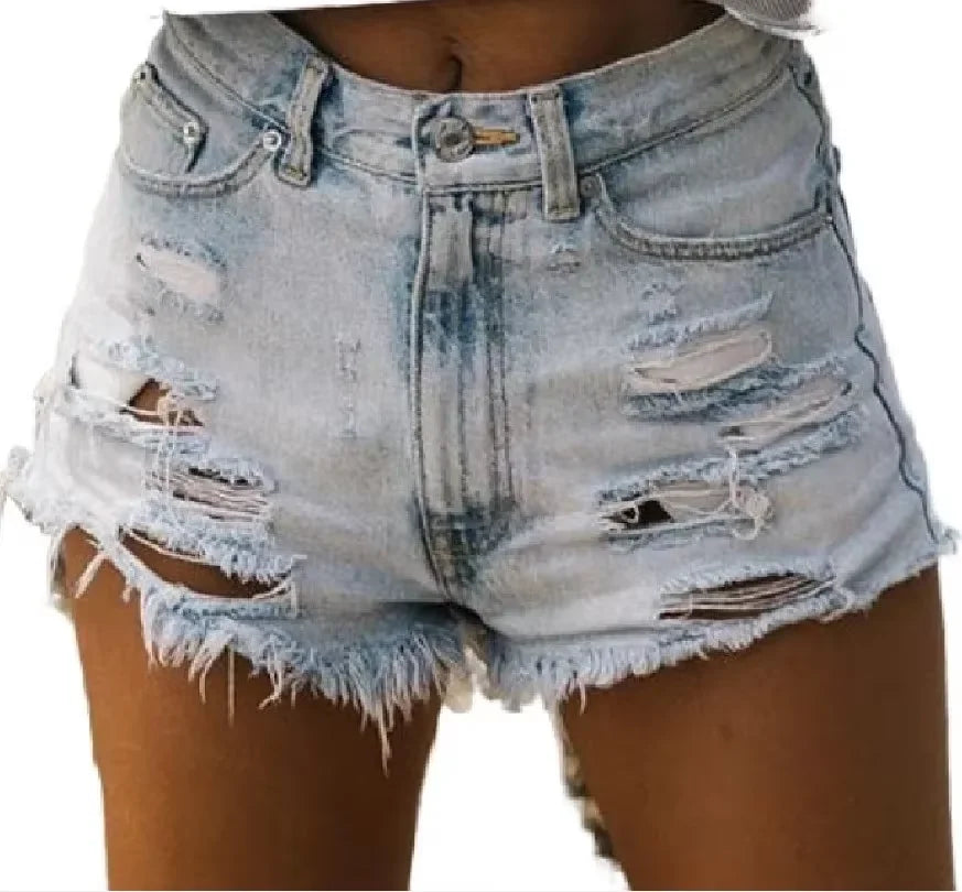 Ripped High-Waist Denim Shorts with Pockets