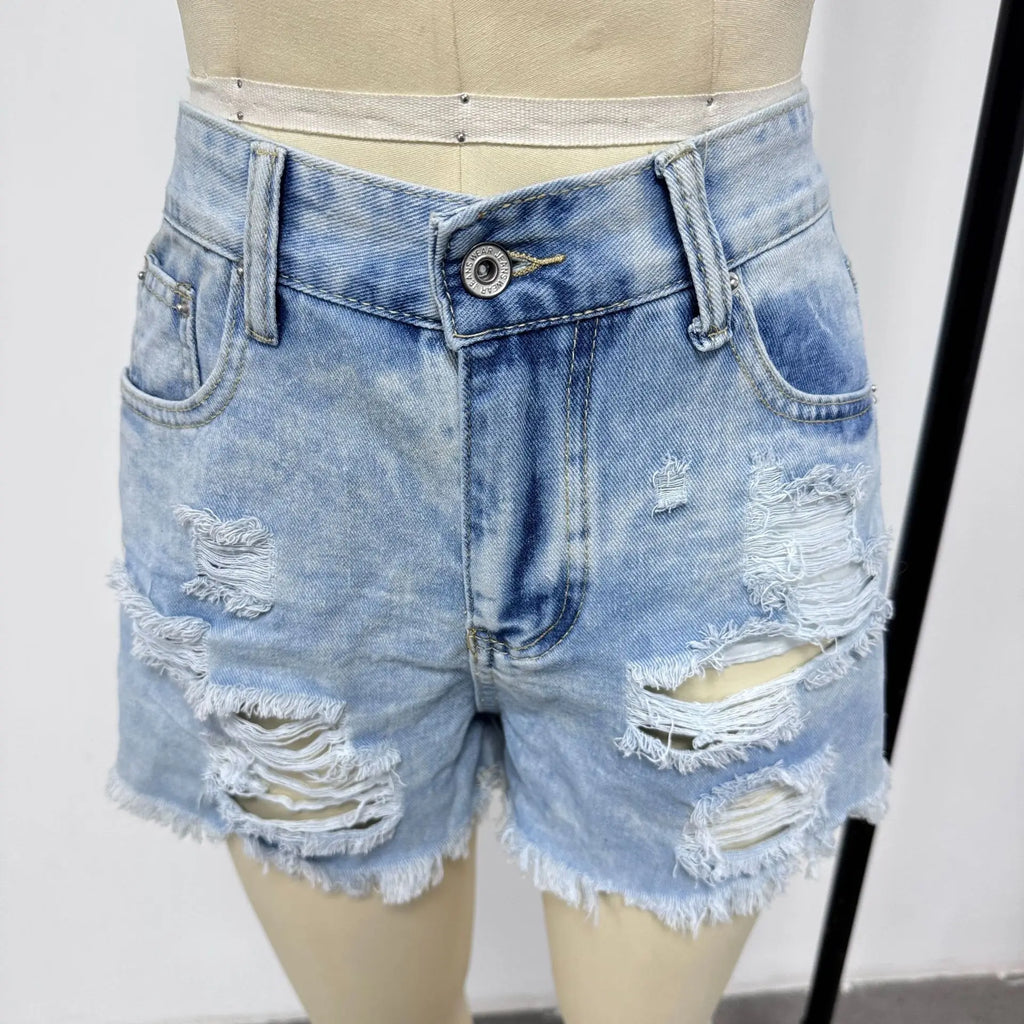 Ripped High-Waist Denim Shorts with Pockets
