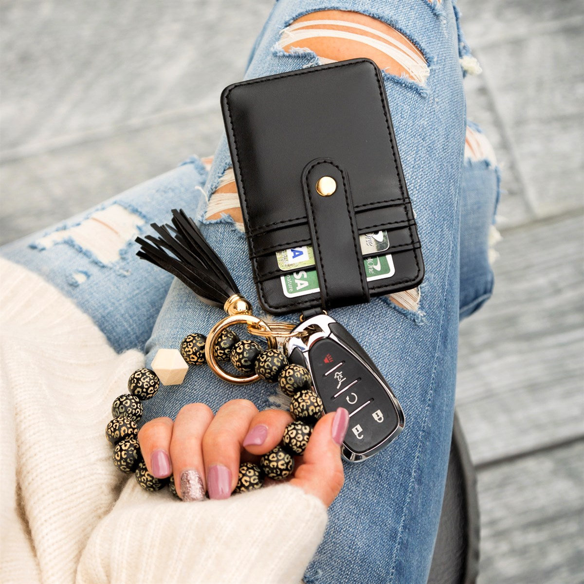Leopard Beaded Key Ring Wallet Bracelet