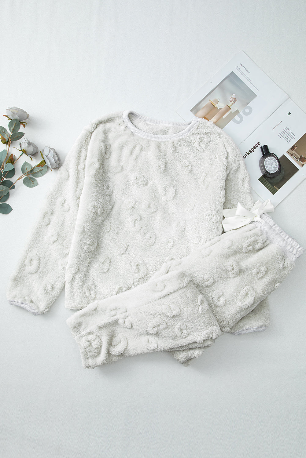 Light Grey Leopard Textured Loose Fit Fleece Loungewear Two-Piece