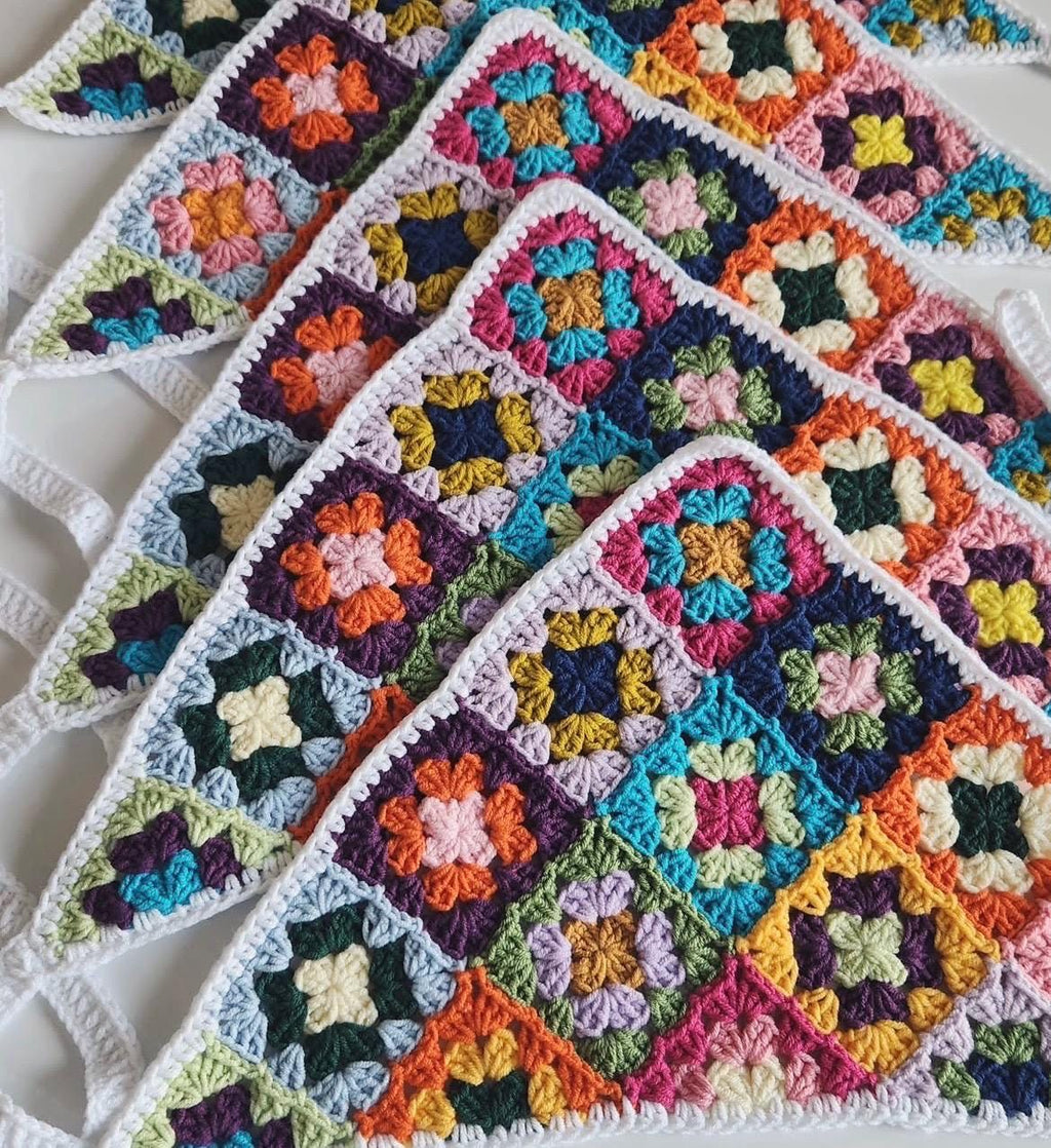 3-in-1 Crochet Granny Square Bandana – Handmade Headband, Pet Collar &Mom Neck Scarf | Colorful Boho Accessory | Retro Crochet Gift