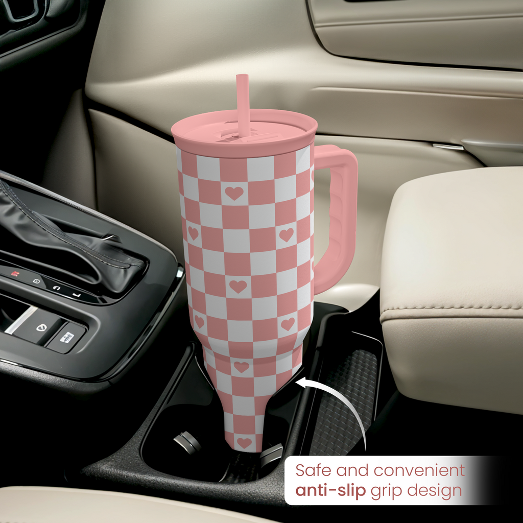 40oz Checkered and Heart Tumbler with Handle and Straw - Insulated Stainless Steel Travel Coffee Mug for Women Girls, Gift for Birthday, Christmas