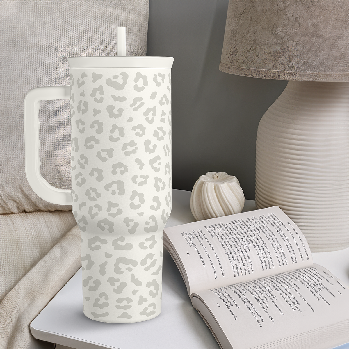 Leopard Tumbler with Handle, Insulated Cup Stainless Steel Travel Mug Cup, Gifts for Women Girl on Birthday Christmas, Cream Leopard, 40oz