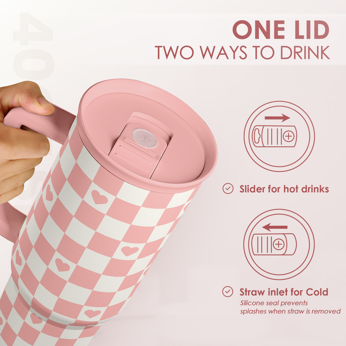 40oz Checkered and Heart Tumbler with Handle and Straw - Insulated Stainless Steel Travel Coffee Mug for Women Girls, Gift for Birthday, Christmas