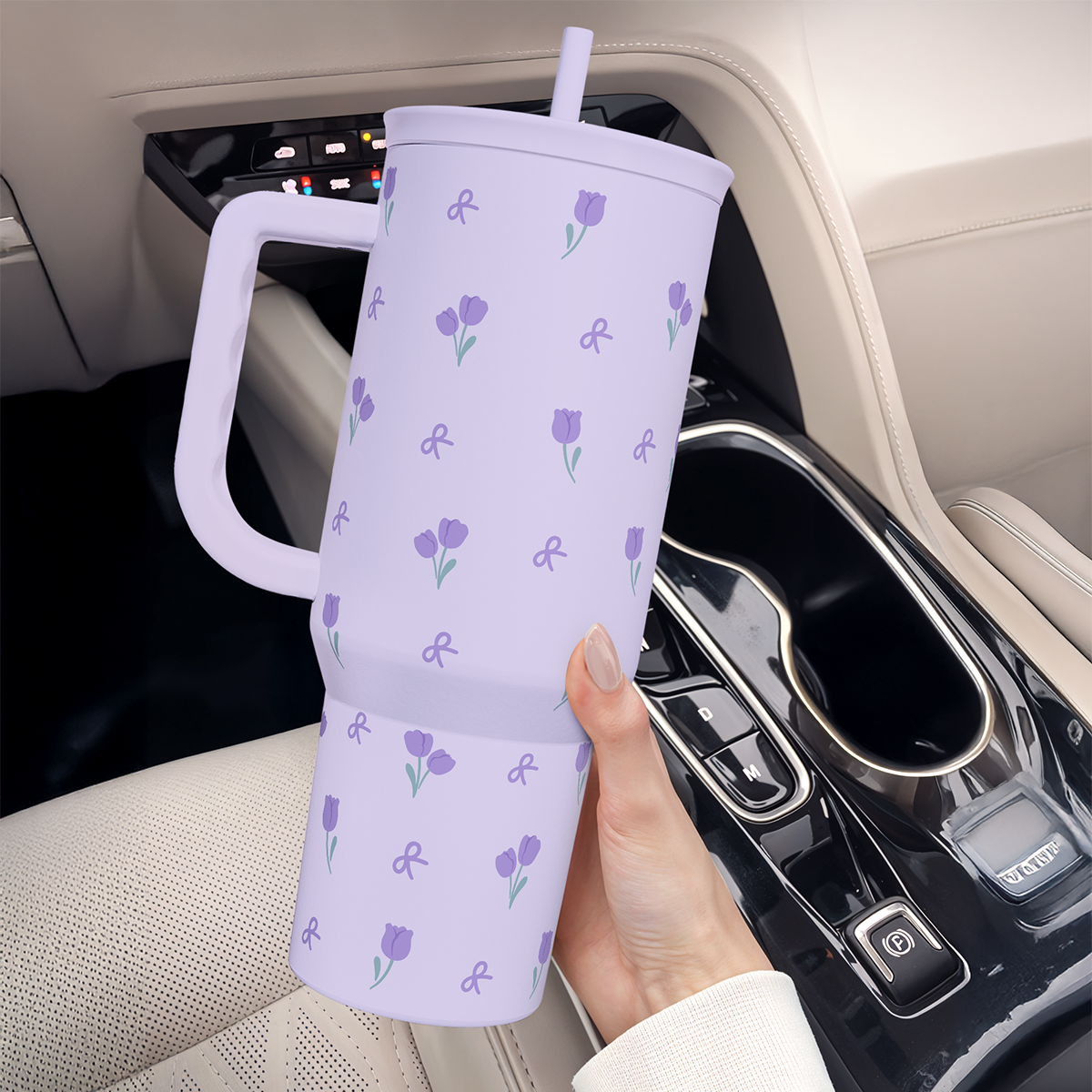 Floral 40oz Tumbler with Handle and Straw – Tulip Insulated Stainless Steel Travel Coffee Mug for Women Girls,  Floral Gift Idea for Birthday Christmas Mothers Day