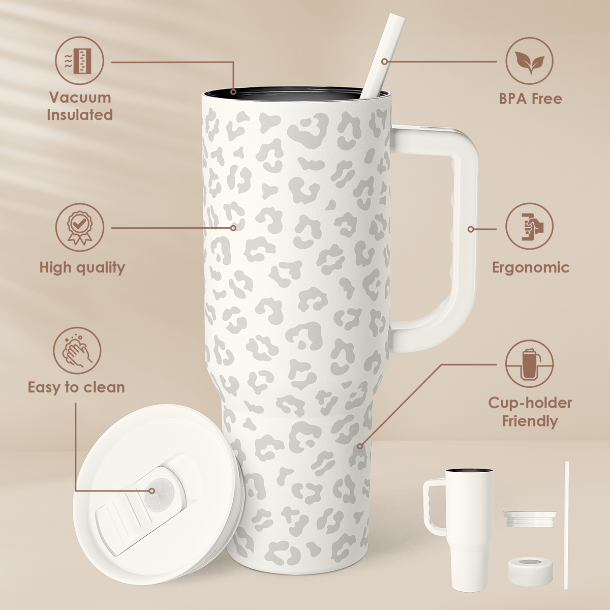 Leopard Tumbler with Handle, Insulated Cup Stainless Steel Travel Mug Cup, Gifts for Women Girl on Birthday Christmas, Cream Leopard, 40oz
