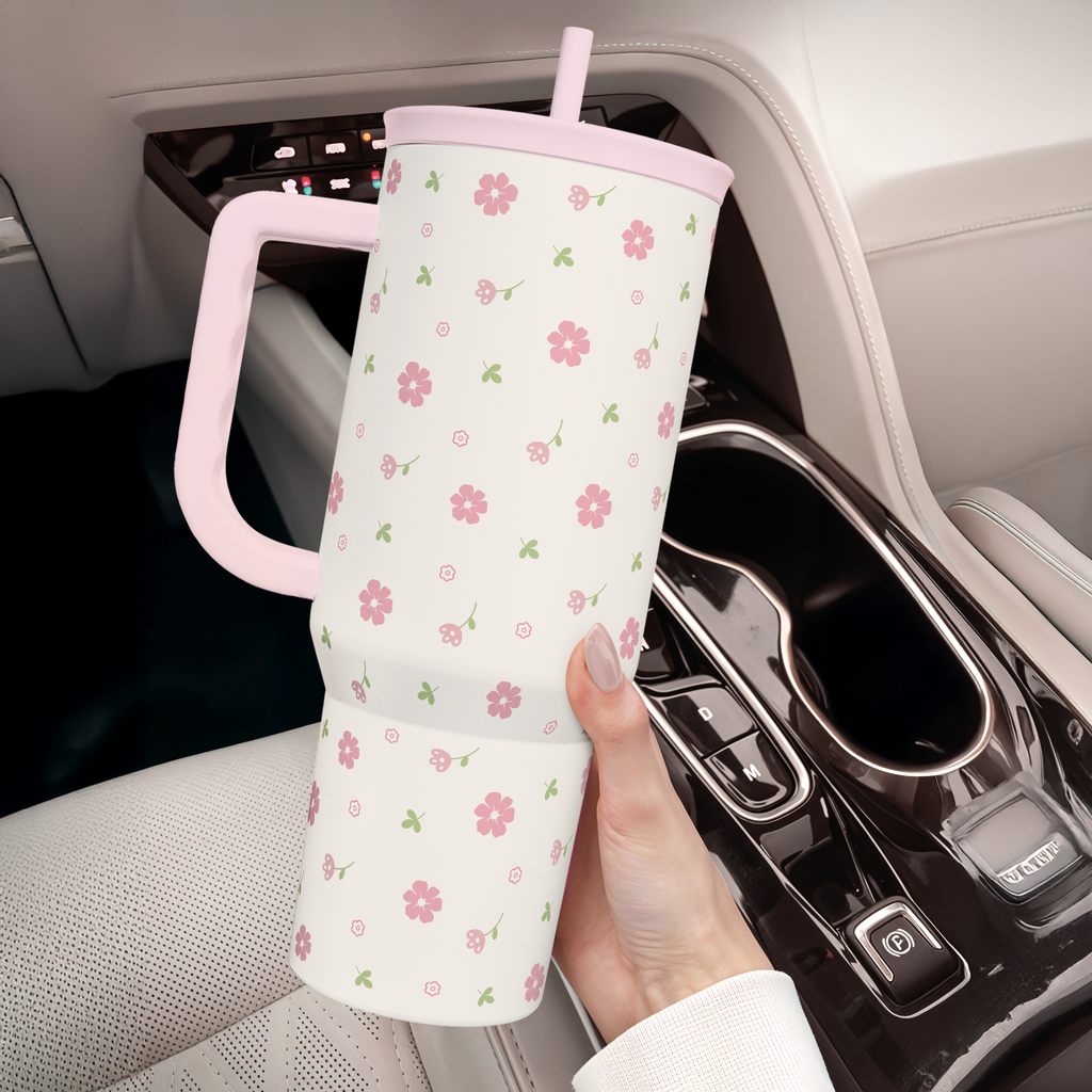 Floral 40oz Tumbler with Handle and Straw - Flowers Insulated Stainless Steel Travel Coffee Mug for Women Girls - Gift Idea for Birthday Christmas Mothers Day