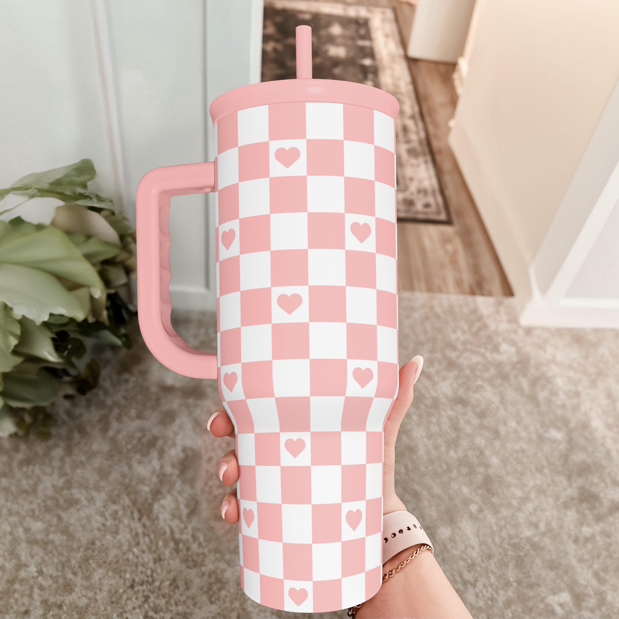 40oz Checkered and Heart Tumbler with Handle and Straw - Insulated Stainless Steel Travel Coffee Mug for Women Girls, Gift for Birthday, Christmas