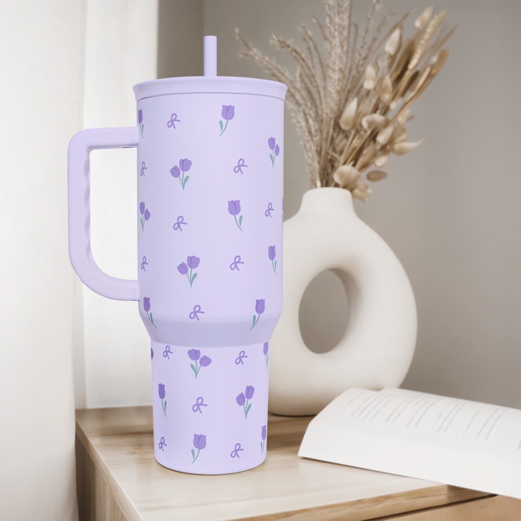Floral 40oz Tumbler with Handle and Straw – Tulip Insulated Stainless Steel Travel Coffee Mug for Women Girls,  Floral Gift Idea for Birthday Christmas Mothers Day