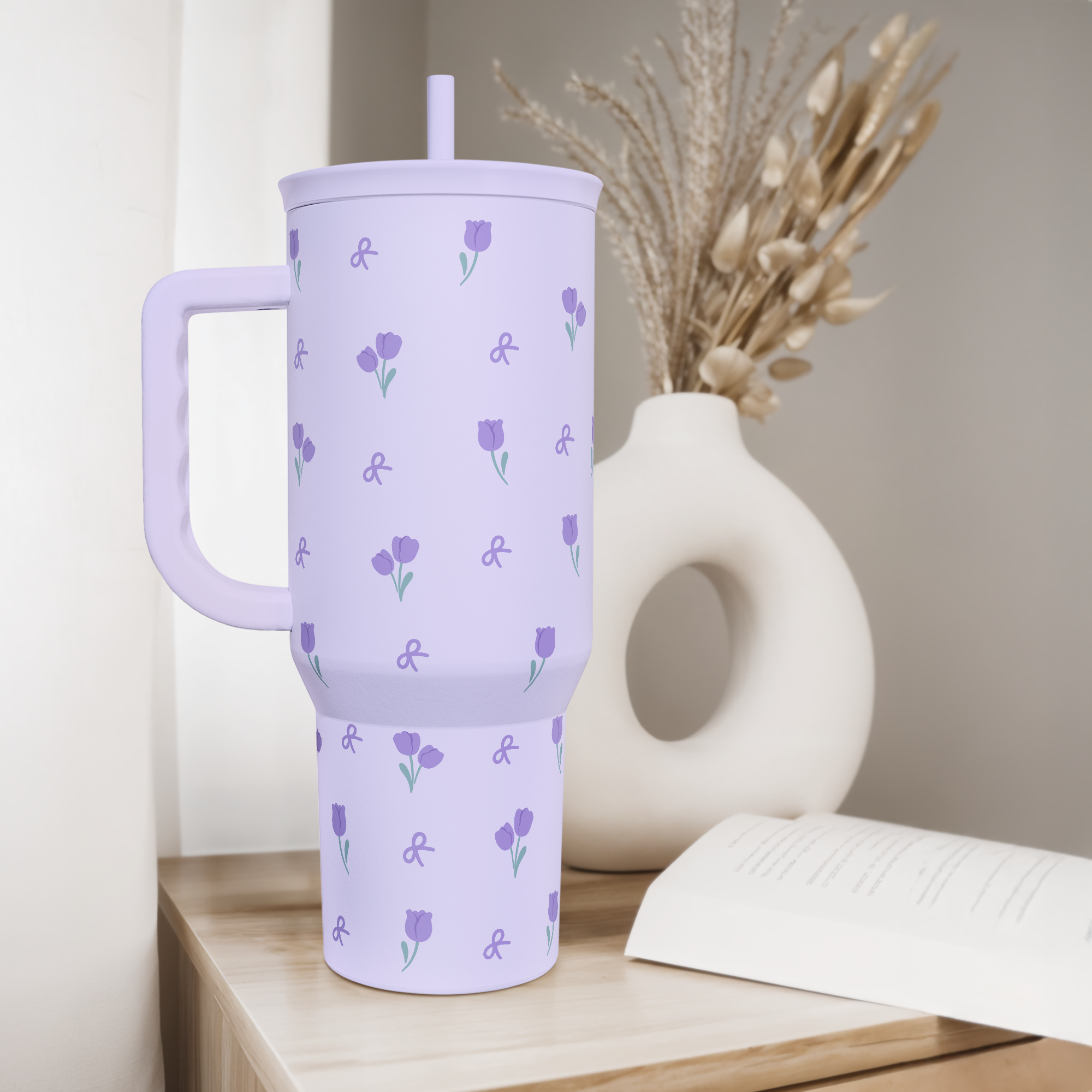 Floral 40oz Tumbler with Handle and Straw – Tulip Insulated Stainless Steel Travel Coffee Mug for Women Girls,  Floral Gift Idea for Birthday Christmas Mothers Day