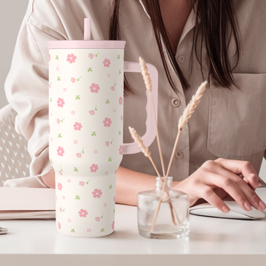 Floral 40oz Tumbler with Handle and Straw - Flowers Insulated Stainless Steel Travel Coffee Mug for Women Girls - Gift Idea for Birthday Christmas Mothers Day