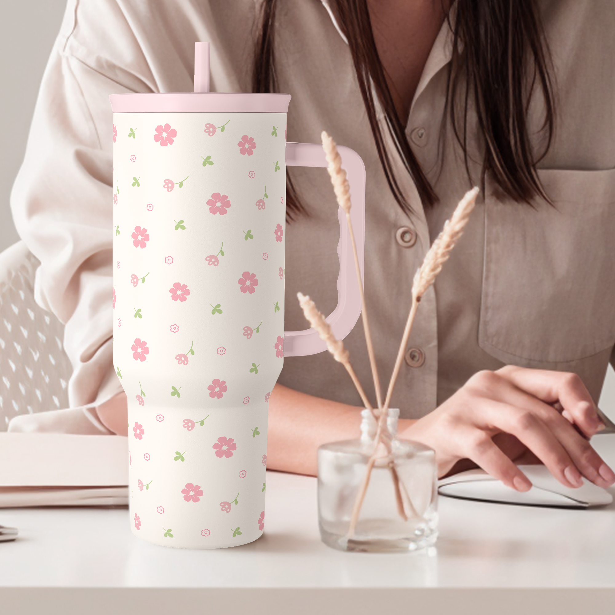 Floral 40oz Tumbler with Handle and Straw - Flowers Insulated Stainless Steel Travel Coffee Mug for Women Girls - Gift Idea for Birthday Christmas Mothers Day