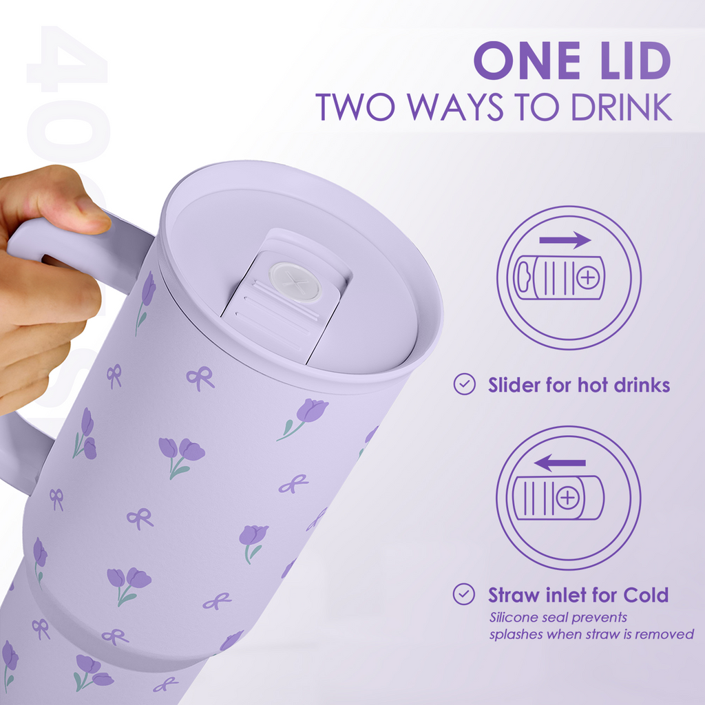 Floral 40oz Tumbler with Handle and Straw – Tulip Insulated Stainless Steel Travel Coffee Mug for Women Girls,  Floral Gift Idea for Birthday Christmas Mothers Day