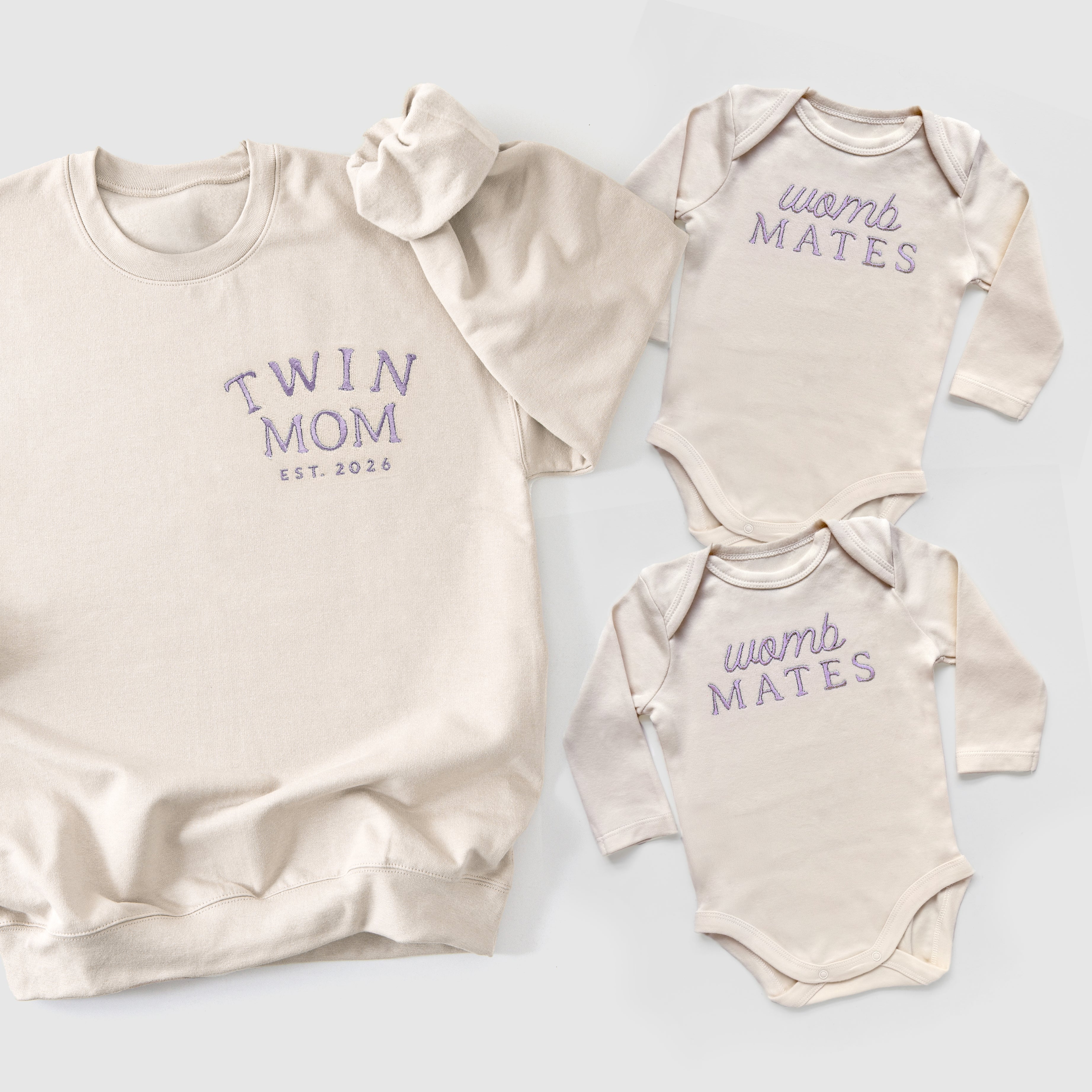 Custom "Womb Mates" Embroidered Baby Outfits for Twins & Triplets
